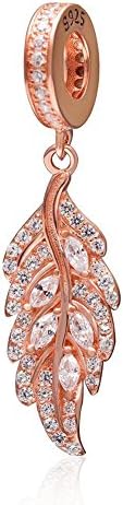 Choruslove Rose Gold Feather Charm Clear CZ Pendant 925 Sterling Silver for European Style Bracelets or Necklace Unforgettable Gifts