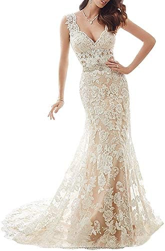 HelloLadyBridal Womens Lace Mermaid Wedding Dresses for Bride 2019 Illusion Back Bridal Gowns