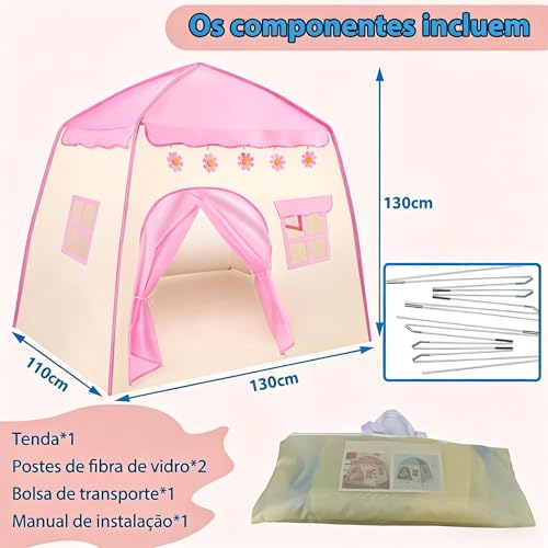 Barraca de Brinquedo Rosa 130×110 cm, Casinha de Brinquedo Dobrável e Fácil de Montar