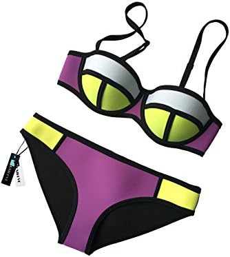 MUXILOVE Women Colour Block Wet Suit Neoprene Bikini Swimsuit Swimwear(FBA) (XL(US6-8), Purple)