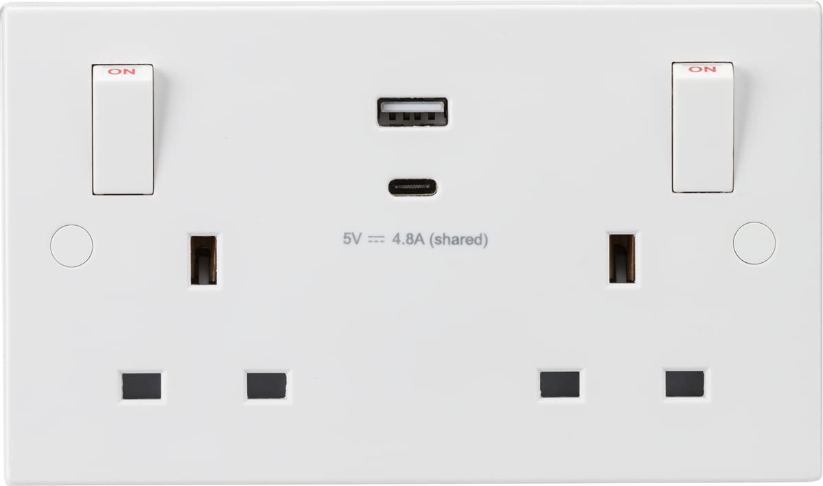 Knightsbridge SN9002 White Square edge Plastic 13A 2G Switched socket with outboard rockers and dual USB (A+C) 5V DC 4.8A shared