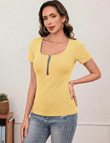 Totatuit Women's Short Sleeve Slim Fit U-Neck Zip Up T-Shirt Sexy and Modern Style for Spring and Summer