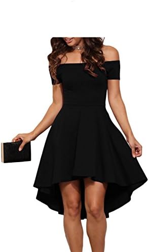 Lionune Womens Off Shoulder Wedding Prom Cocktail Casual Short Sleeve Gown High Low Evening Club Formal Skate Midi Party Swing Dress(Black,L)