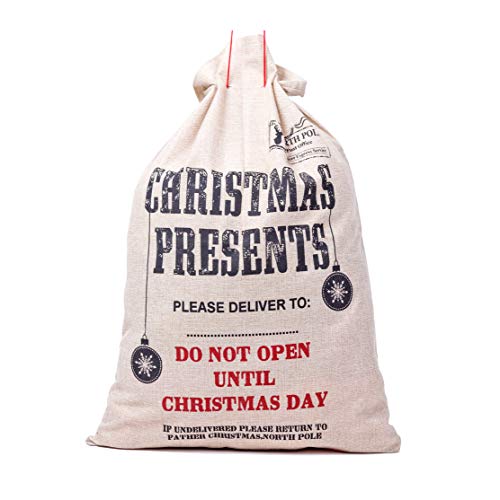Xena 1 Piece Tan Red Black Extra Large Cotton Christmas Santa Gift Sack Bag W Drawstring 26.5 x 19 Inch Personalize Boy Girls"Christmas Presents" Hiding Spot Winter Holiday Decoration - Thumbnail 3