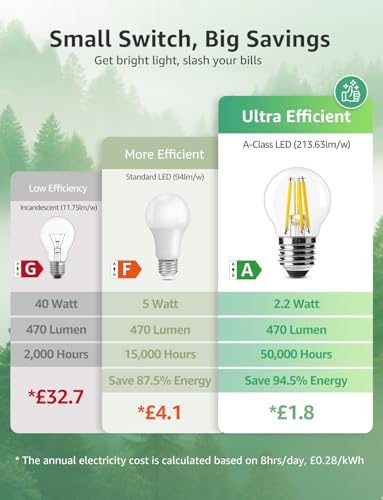 Lepro E27 Golf Ball Bulb, A-Rated Ultra-efficient LED Bulb, 2.2W = 40W, 470lm, Warm White 2700K, 50000H Lifespan, Edison Screw ES, Clear Filament, Non-dimmable, Pack of 2