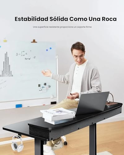 Escritorio Elevable,Escritorio Altura Ajustable con 2 Cajones, Escritorio de Ordenador Ajustable en Altura, Escritorio de Pie para Oficina en Casa con 4 Alturas Preestablecidas y 2 Ganchos(Negro)