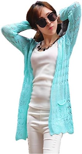 Meditative Rose Women's Thin Crochet Knitted Front Cardigan Pocket Sweater (green)