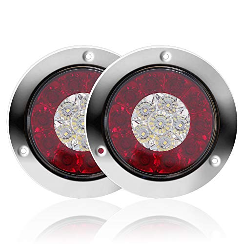 Auovo Round LED Truck Trailer White/Red Taillights with Stainless Steel Rings DC 12V Waterproof Stop Brake Running Reverse Backup Lights Tail Lamps for RV Trailer (2 Pcs Red/White) - Thumbnail 5