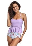 FanShou Women Floral Print Peplum Tankini Top Two Piece High Waist Swimsuit Swimwear