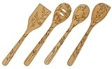 Talisman Designs 12-Inch Solid Beechwood Mixing, Slotted & Corner Spoon Plus Spatula Turner With Nature Design (Set Of 4)