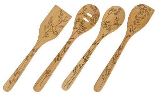 Talisman Designs 12-Inch Solid Beechwood Mixing, Slotted & Corner Spoon Plus Spatula Turner With Nature Design (Set Of 4)
