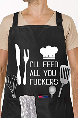 Funny Cooking Black Apron for Men & Women with 2 Tool Pockets Adjustable Neck Strap Waterproof and Oil Proof Best for Kitchen Cooking, Grilling, Baking, Gardening (Black-one)
