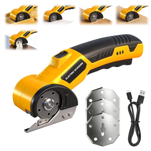 Kayoosi Tijeras Eléctricas Inalámbricas Recargables con 3 Cuchillas de Recambio, Tijeras para Tela con Interruptor de Seguridad, Cortador de Carton, Aptas para Plástico, Cuero, Textiles, Cartón.