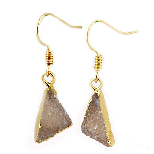 Real Gold Plating, Natural White Crystal Geode Drusy Triangle Quartz Earrings Dangling Eardrops, Irregular Triangle Shape
