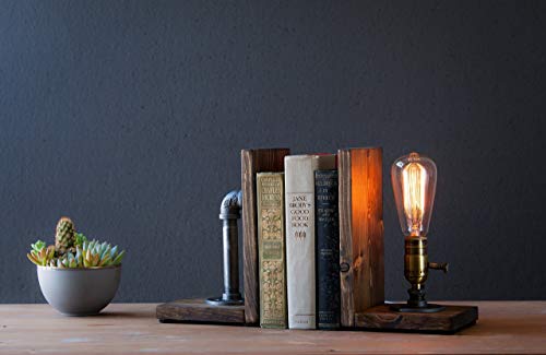 Industrial Steampunk bookend table pipe lamp with Classic Edison bulb and oak wood base