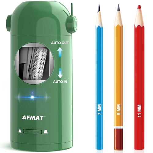 AFMAT Electric Pencil Sharpener for Colored Pencils 7-11.5mm, Fully Automatic Pencil Sharpener, Auto in & Out, Rechargeable Hands-Free for Large Pencils, Green