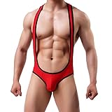 Men's Jockstrap Leotard Underwear Jumpsuits Wrestling Singlet Bodysuit(Red S)