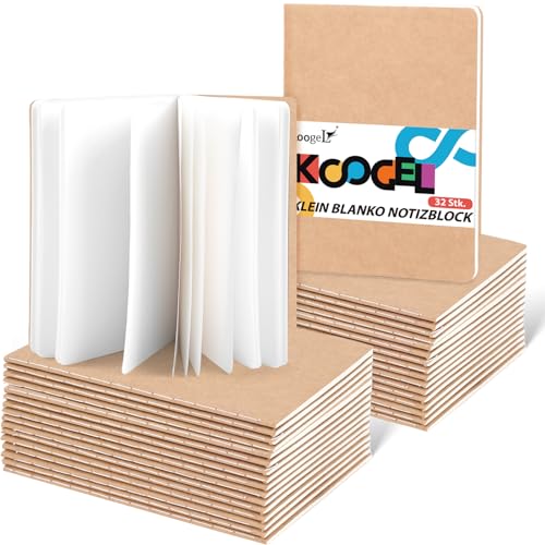 Koogel 32 Stück Klein Blanko Notizbücher, Notizbuch Journal Tagebuch Notizblöcke Schulhefte 13 x 9cm Notizbücher mit Kraftpapier-Einband Braun