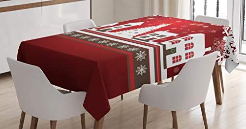 ABAKUHAUS Christmas Tablecloth, Winter Holidays Theme Gingerbread House Trees and Snowflakes Artwork Print, Dining Room Kitchen Table Cover, 54" x 78", Red-white