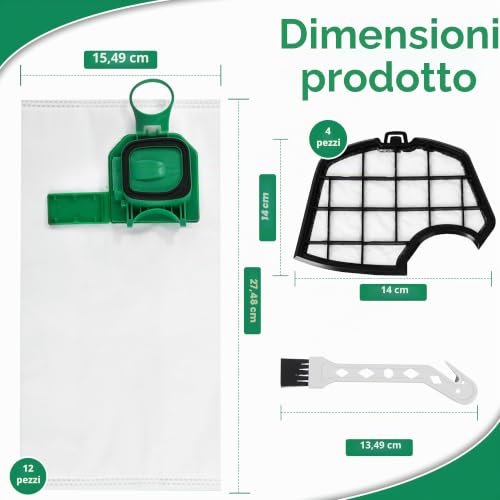 12 Vacuum Cleaner Bags for Vorwerk Kobold VK140 VK150 FP140 FP150 + 4 Filters + 1 Brushes, Compatible Accessories, High Efficiency Microfibre Filter Bags