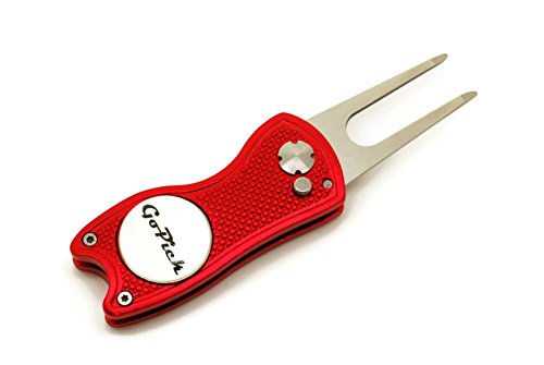 Red GoPick Golf Divot Repair Tool - Stainless Steel Switchblade With Detachable Ball Marker - Thumbnail 3