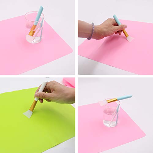 HiGift 2 Pack A3 Extra Large Silicone Mats for Crafts Jewelry Casting Molds Sheets with 2 PCS Silicone Stir Sticks 2 PCS Silicone Brushes for Crafting, Green & Pink (15.7 x 11.7 inches)