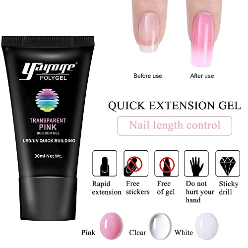Yayoge Poly Gel Nail Kit - Glitter Poly Extension Nail Gel Kit with Slip Solution Base Top Coat Nail Builder Gel Kit for Nail Manicure Professional All-in-One French Kit