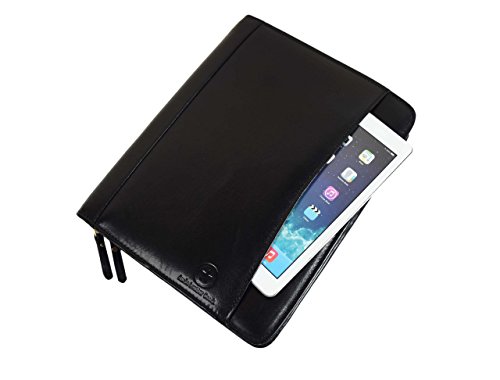 Zippered Genuine Leather Business Portfolio |Easy to Carry Organizer With Writing Pad Holder, Business Card And Pen Slots. IPAD Holder And Flip-Closure Phone Pocket,Black by Aaron Leather (W/o Handle) - Thumbnail 5