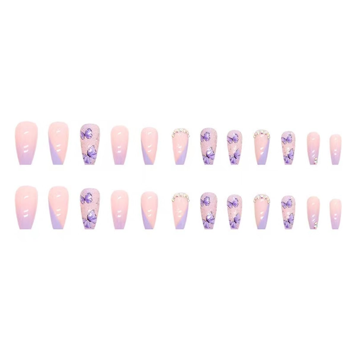 Purple Press on Nails Medium Coffin Fake Nails Butterfly False Nails with Glitter Rhinestone Design Stick on Nails Glossy Acrylic Glue on Nails Ombre Artificial Nails for Women Manicure 24PCS - Image 5