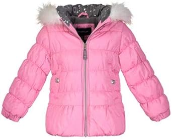 pink puffer jacket with faux fur trim