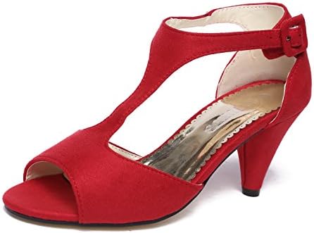 GATUXUS Women Open Toe Ankle T-Strap Kitten Heel Mary Jane Shoes Mid Heel Sandals
