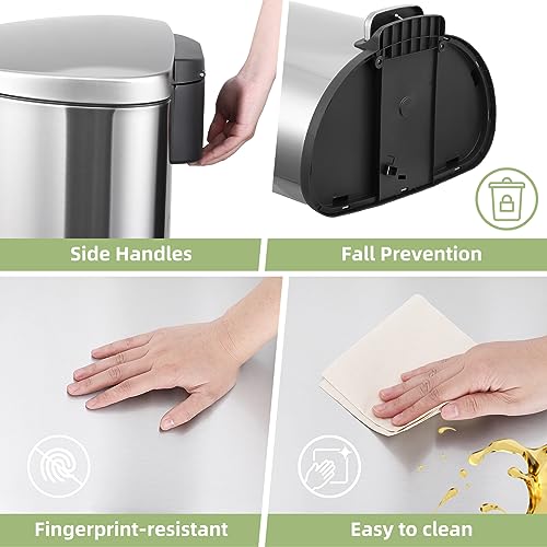 Garvee 50 Liter Stainless Steel Kitchen Trash Can with Step Pedal & Soft Close Lid, Fingerprint-Proof Oval Garbage Bin with Removable Inner Bucket for Home Kitchen Office
