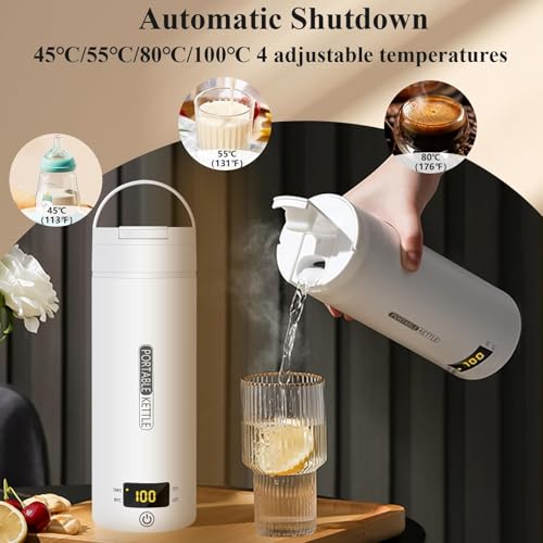 KOWVOWZ Portable Electric Kettle, Travel Water Boiler with 4 Variable Presets, 304 Stainless Steel Travel Water Boiler, Auto Shut Off & Boil Dry Protection, BPA-Free for Coffee Milk Tea (500ML)