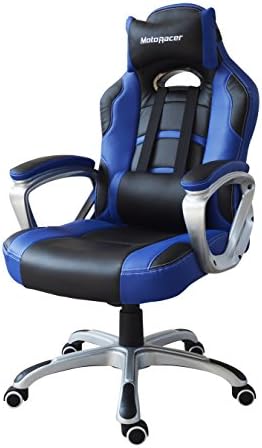 MotoRacer Racer Edition Gaming Chair | The Best Ergonomic Racing Chair For Video Games | Racing Style Gamer Chair | Padded Armrest | Maximum Comfort | Adjustable Height | PU Leather | Colors (Blue)