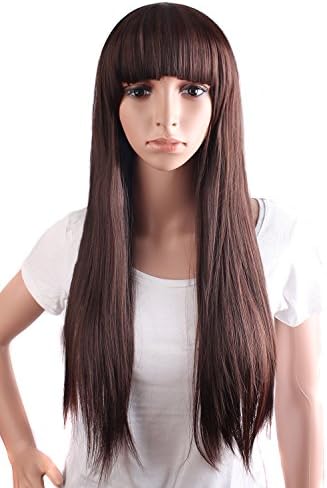 MapofBeauty Fashion Women's Neat Bangs Smooth Long Straight Wigs (Dark Brown)
