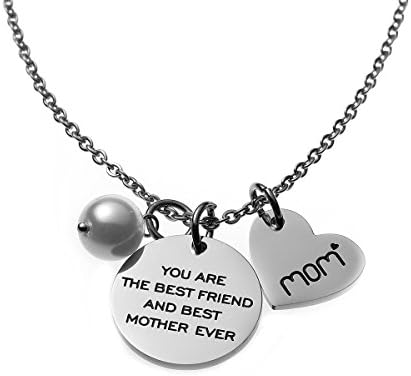 Jewelady Mothers Gift Necklace Stamped Stainless Steel Disc Message Pendant with Heart Charm for Mom (You are the best friend and best mother ever)