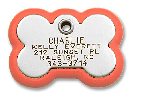 LuckyPet Pet ID Tag, Bone Frame Tag, Rugged Dog Tags with Colorful Frame, Custom Engraved, Large, Neon Orange & Stainless