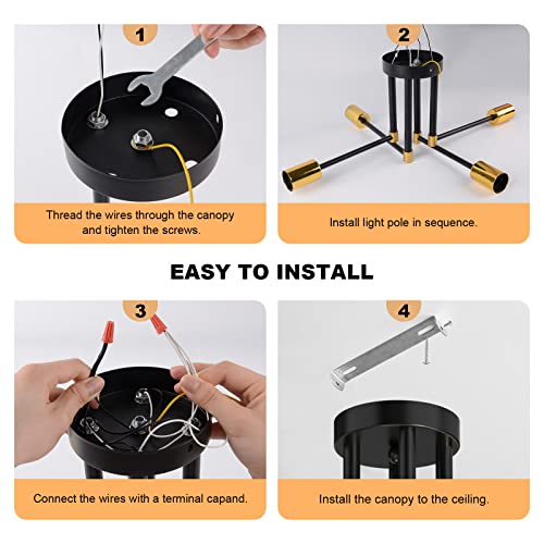 Kuwork Semi Flush Mount Ceiling Light Fixture, Black & Gold Industrial 4 Lights Sputnik Chandelier with E26 Base, Mid Century Lamps for Kitchen Bedroom Living Room Dining Room Hallway Entryway