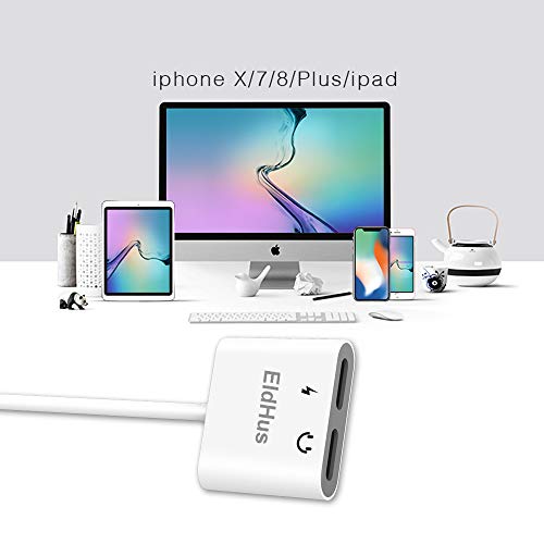EldHus Fourcase Adapter & Splitter Replacement Compatible with Phone 7, 7Plus, 8, 8Plus, X, Dual 8 Pins 2 in 1 Headphone Jack Aux Audio Music and Charge and Calling Cable Charger Connector,White