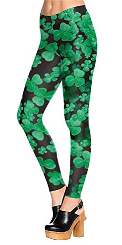 Womens St.Patrick's Day Leggings Green Clover Pattern Stretchy Shamrock Pants Black M