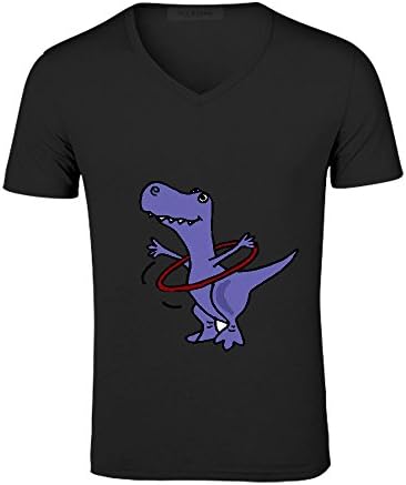 Funny T Rex Dinosaur Playing Hula Hoop Mens V Neck Graphic Tee Black