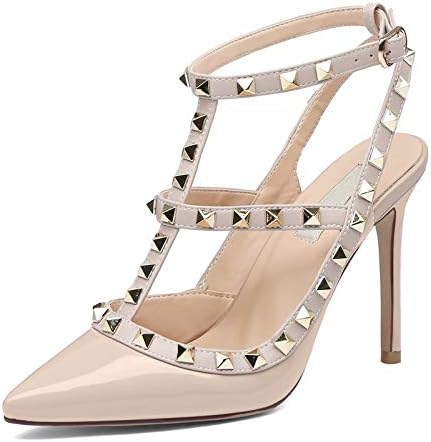 Caitlin Pan Women Fashion High Heel Pointed Toe Ankle Straps Studs Stiletto Heeled Sandals Studded Party Dress Court Shoes