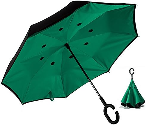 Awyio Creative Windproof Durable Double Layer Inverted Quick Dry Travel Straight Umbrella with Circular Cutout Pattern Waterproof UV Protection Self Standing with C-shaped Hands Free Handle,Green