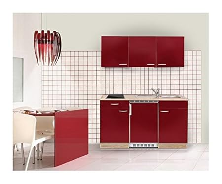 Mebasa MEBAKB15RAC MiniKüche, Küchenblock, Singleküche in Akazie / Rot hochglanz 150 cm, inkl. Kühlschrank, Ceranfeld und Ede