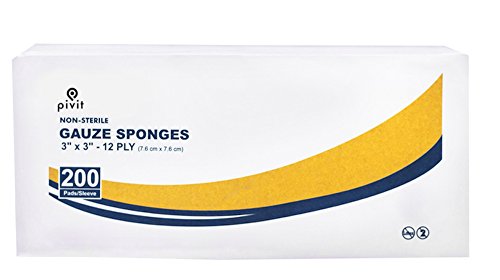 Pivit Non-Sterile Gauze Sponges | 3" x 3", 12-Ply | Pack of 200 | Large Pads Protect Wounds Cuts Scrapes & Burns | Clean Debris-Free Packing Folded Edges Prevent Unraveling | Lighter Economical Choice