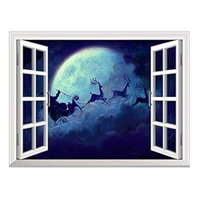 Removable Wall Sticker/Wall Mural - Santa Claus Flying at Christmas Eve Open Window Mural Wall Sticker - 24"x32"
