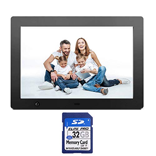 10.1 Inch Digital Photo Frame Electronic Picture Frame + 32GB SD Card with Motion Sensor and 1280×800 High Resolution Full IPS LCD 1080P HD Video player/Stereo/MP3/Mp4/Calendar/Alarm/Time/Remote Contr