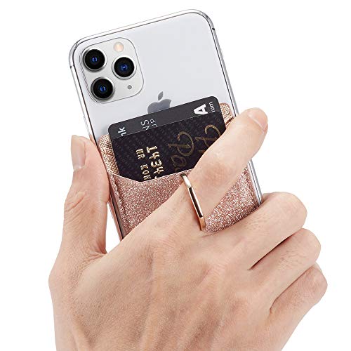Card Holder for Back of Phone, Acrsikr RFID Blocking Glitter Cell Phone Credit Wallet with Ring Pocket Stick on iPhone - Thumbnail 3