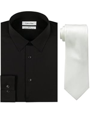 Calvin Klein Men's Slim Fit Herringbone Dress Shirt and Silver Spun Tie Combo