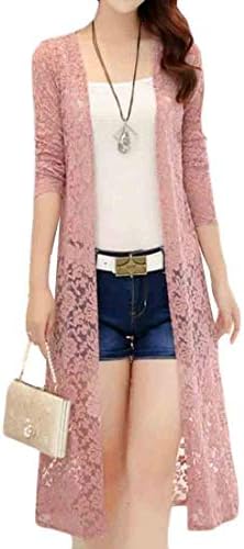 KLJR Women Solid Color Beach Open-Front Longline Shawl Lace Lightweight Cardigan Coat
